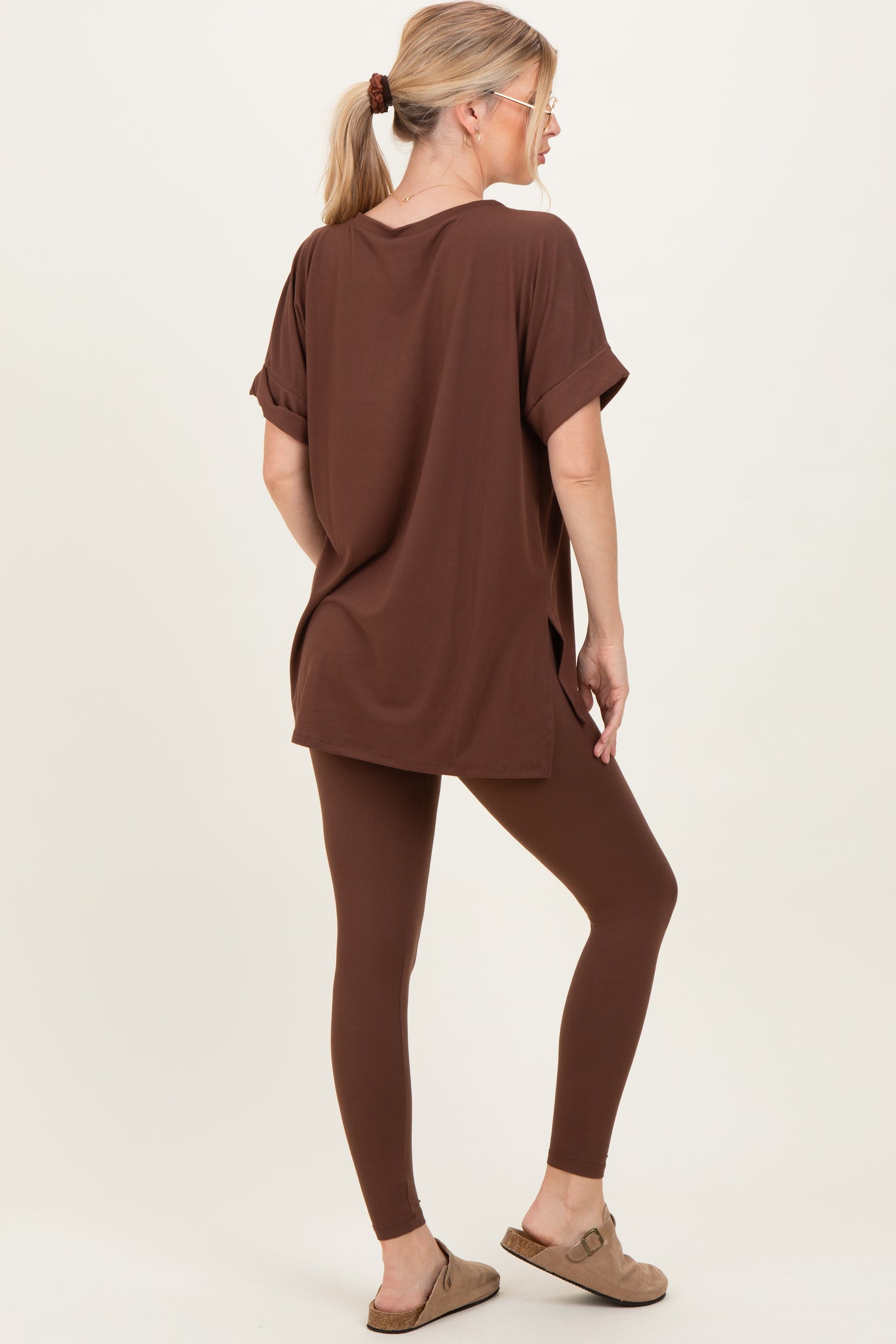 Brown Oversized V-Neck Tee Legging Lounge Set
