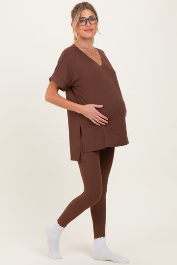 Brown Oversized V-Neck Tee Legging Maternity Lounge Set