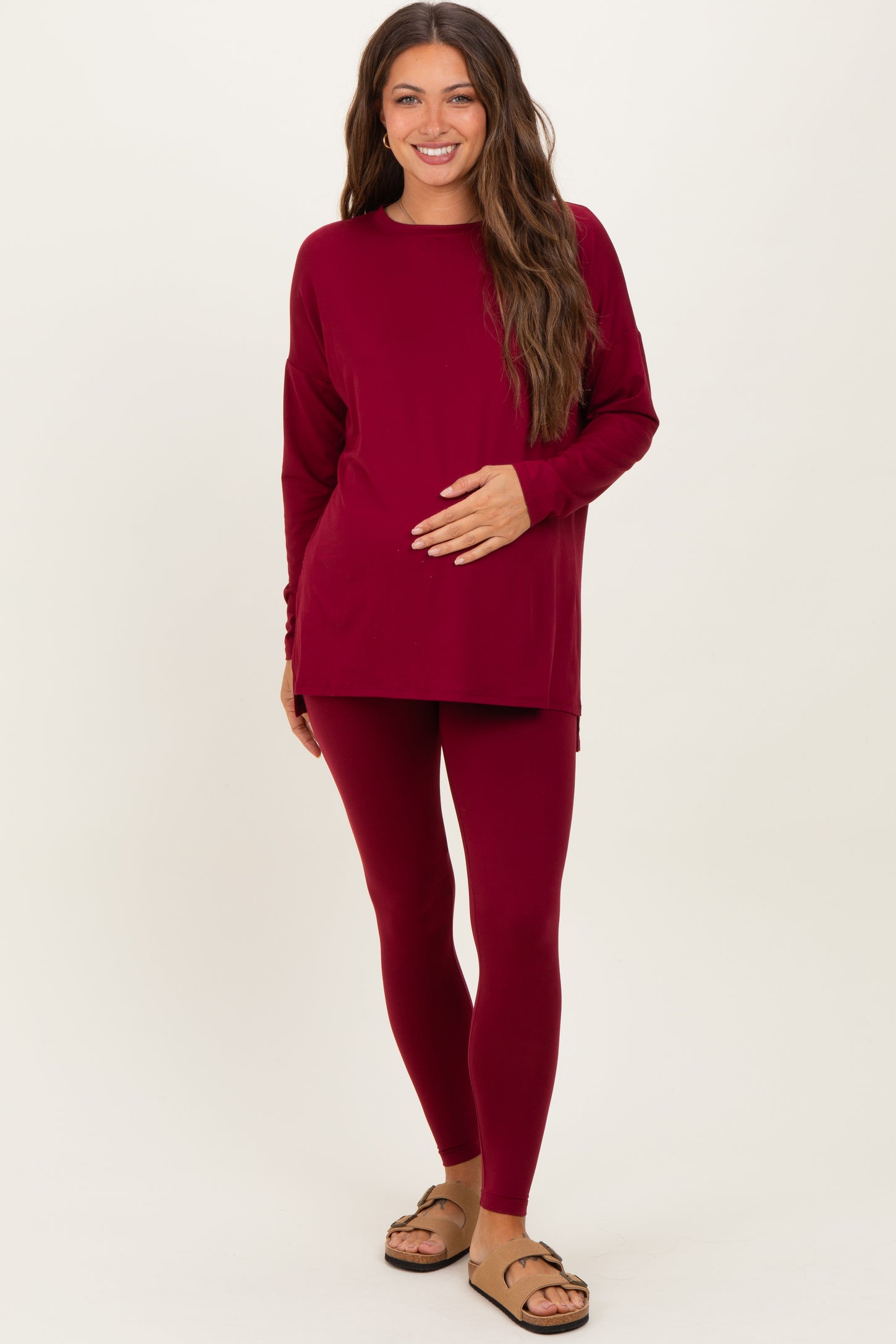 Burgundy Brushed Knit Oversized Top and Legging Maternity Set