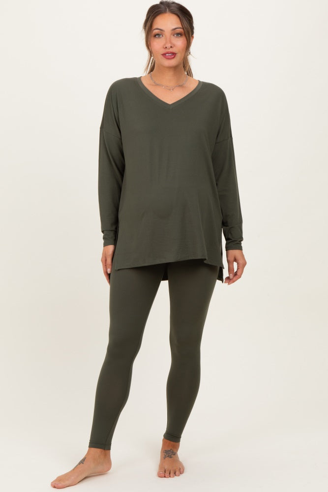 Olive Green Brushed Knit Maternity Oversized Top and Legging Set