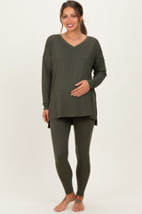 Olive Green Brushed Knit Maternity Oversized Top and Legging Set