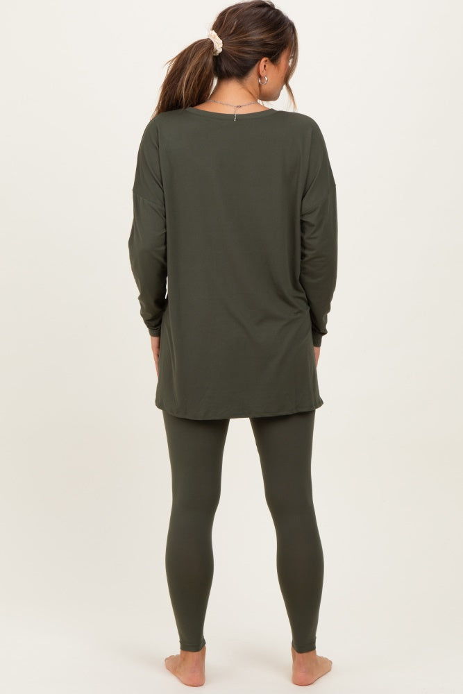 Olive Green Brushed Knit Maternity Oversized Top and Legging Set