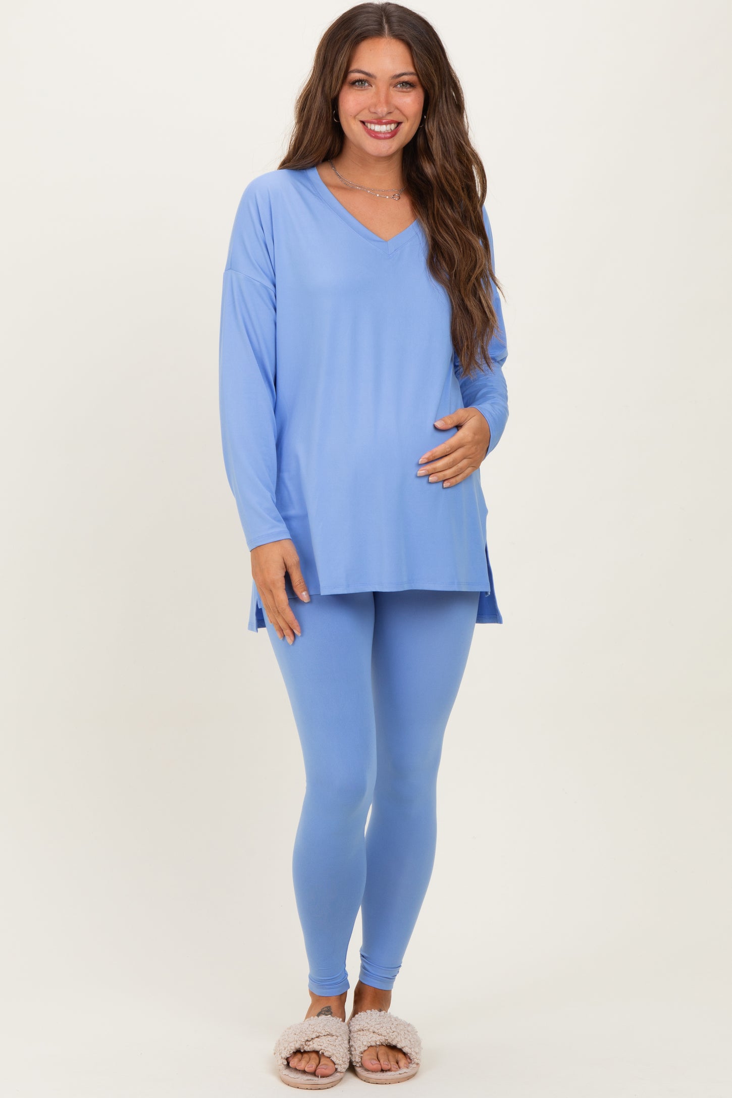 Cornflower Blue Brushed Knit Maternity Oversized Top and Legging Set
