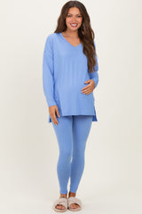 Cornflower Blue Brushed Knit Maternity Oversized Top and Legging Set