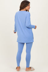 Cornflower Blue Brushed Knit Maternity Oversized Top and Legging Set
