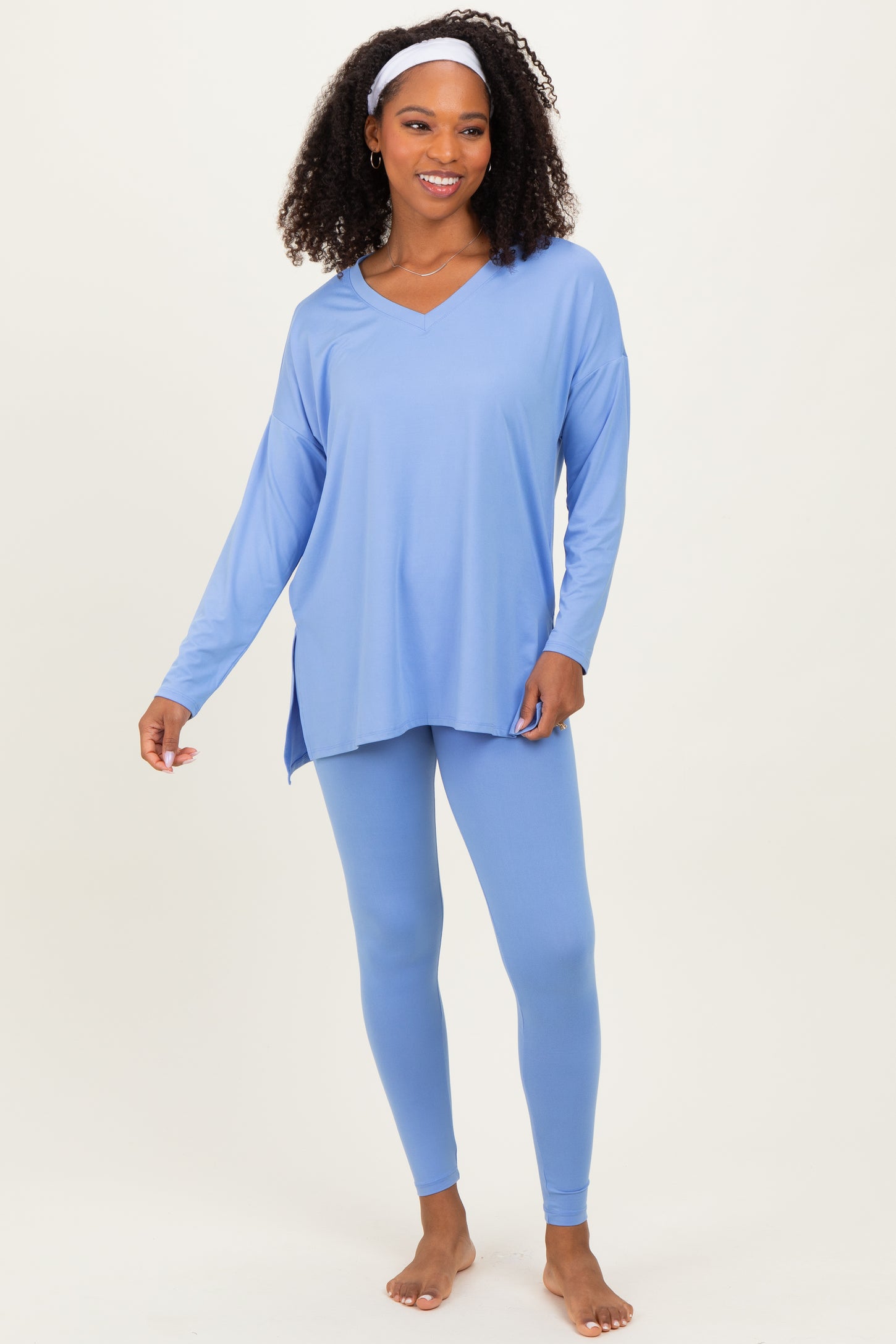 Cornflower Blue Brushed Knit Oversized Top and Legging Set