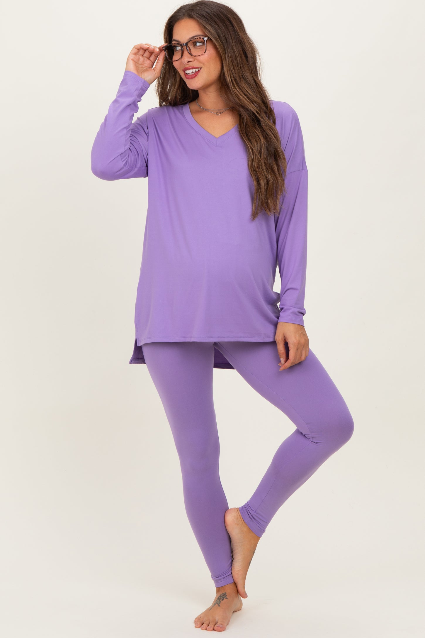 Lavender Brushed Knit Maternity Oversized Top and Legging Set