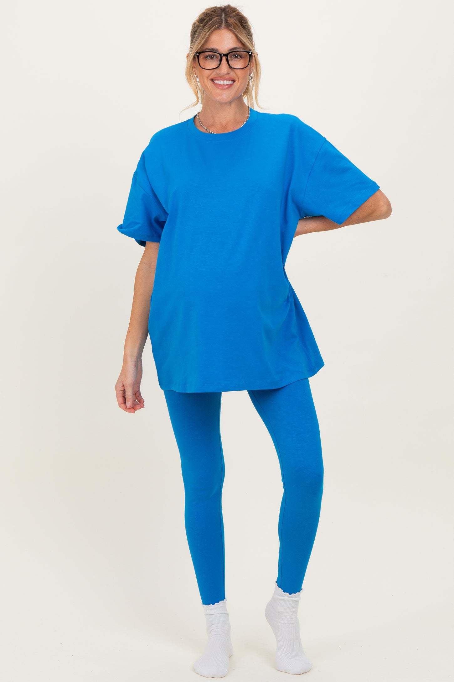 Ocean Blue Oversized Crewneck Short Sleeve and Legging Maternity Set