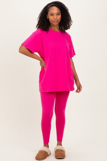 Hot Pink Oversized Crewneck Short Sleeve and Legging Set