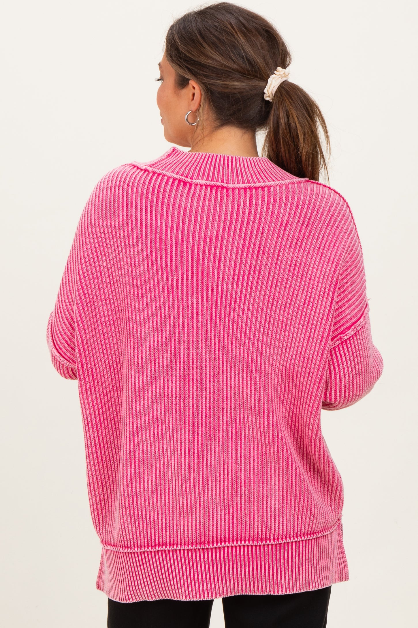 Hot Pink Washed Side Slit Oversized Maternity Sweater