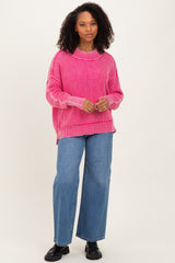 Hot Pink Washed Side Slit Oversized Sweater