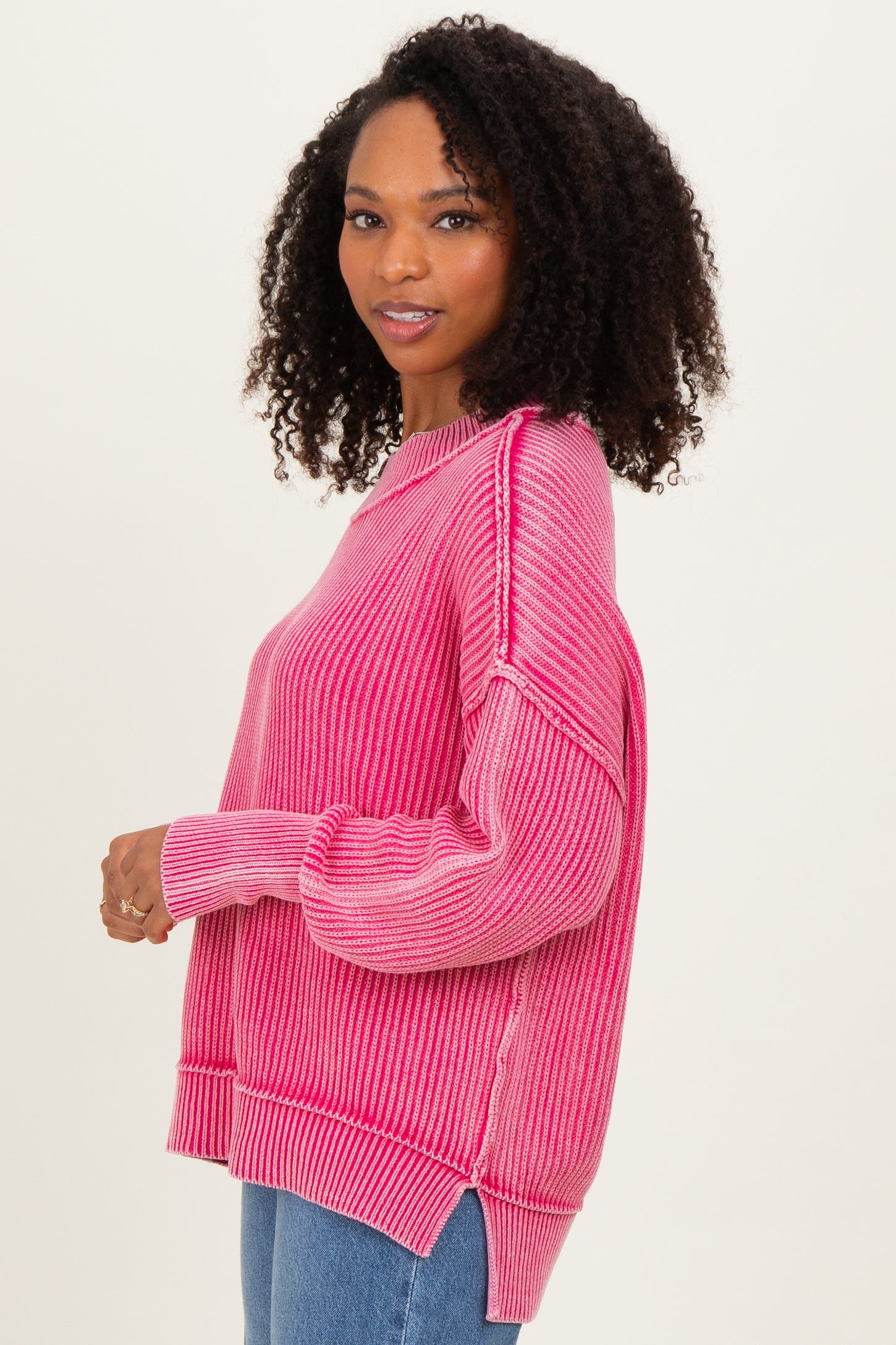Hot Pink Washed Side Slit Oversized Sweater