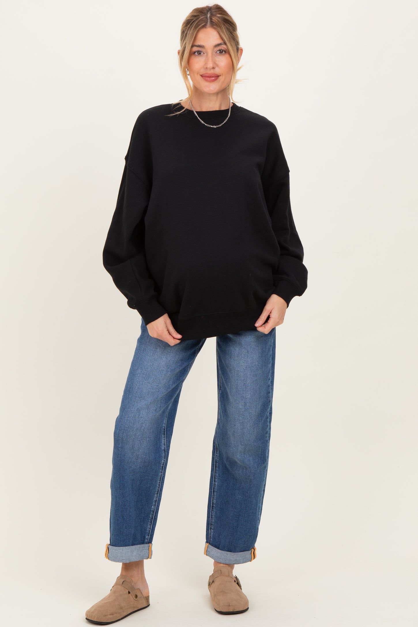 Black Oversized Maternity Fleece Sweatshirt