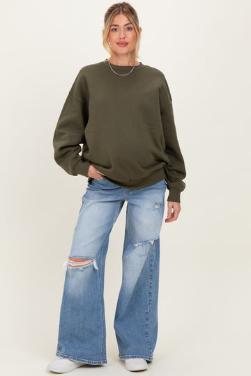 Olive Oversized Maternity Fleece Sweatshirt