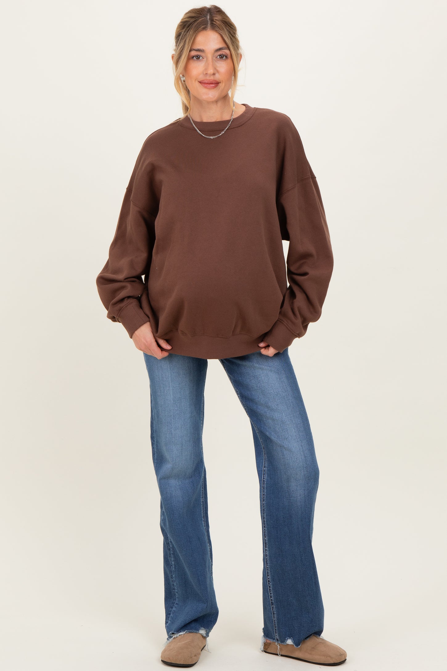 Brown Oversized Maternity Fleece Sweatshirt
