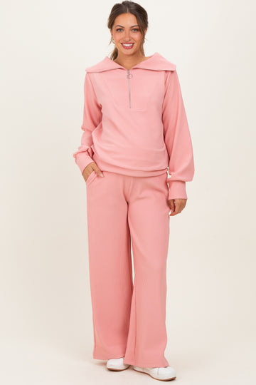 Peach Ribbed High Neck Half Zip Pullover Maternity Pant Set
