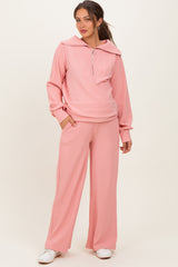 Peach Ribbed High Neck Half Zip Pullover Maternity Pant Set