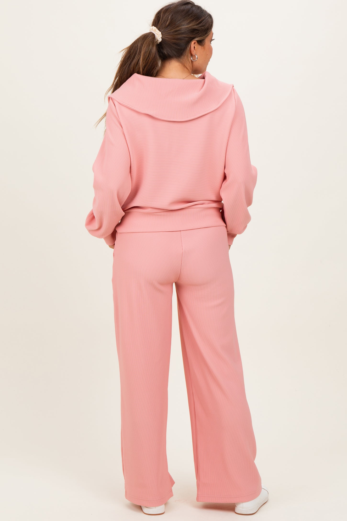 Peach Ribbed High Neck Half Zip Pullover Maternity Pant Set