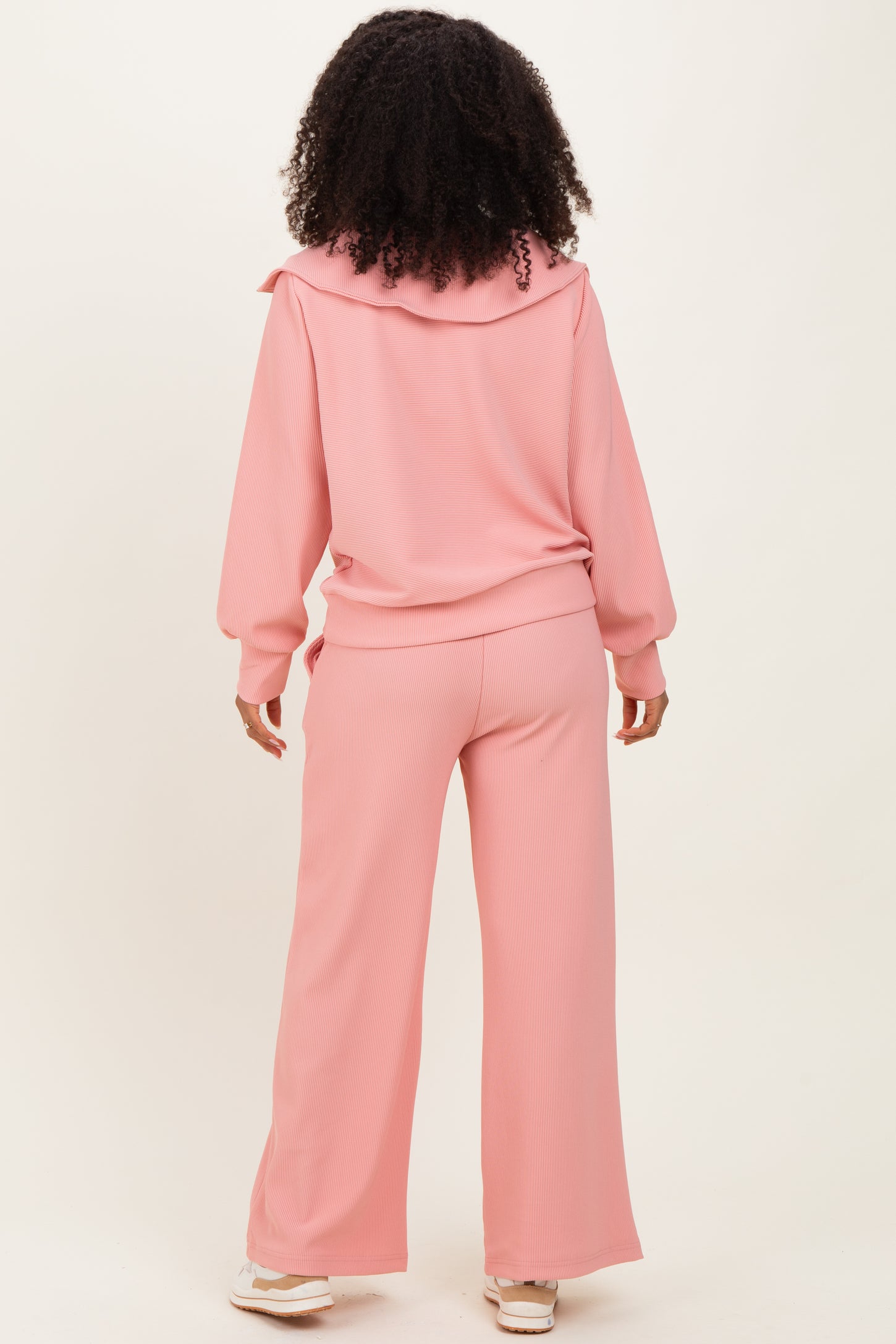Peach Ribbed High Neck Half Zip Pullover Pant Set
