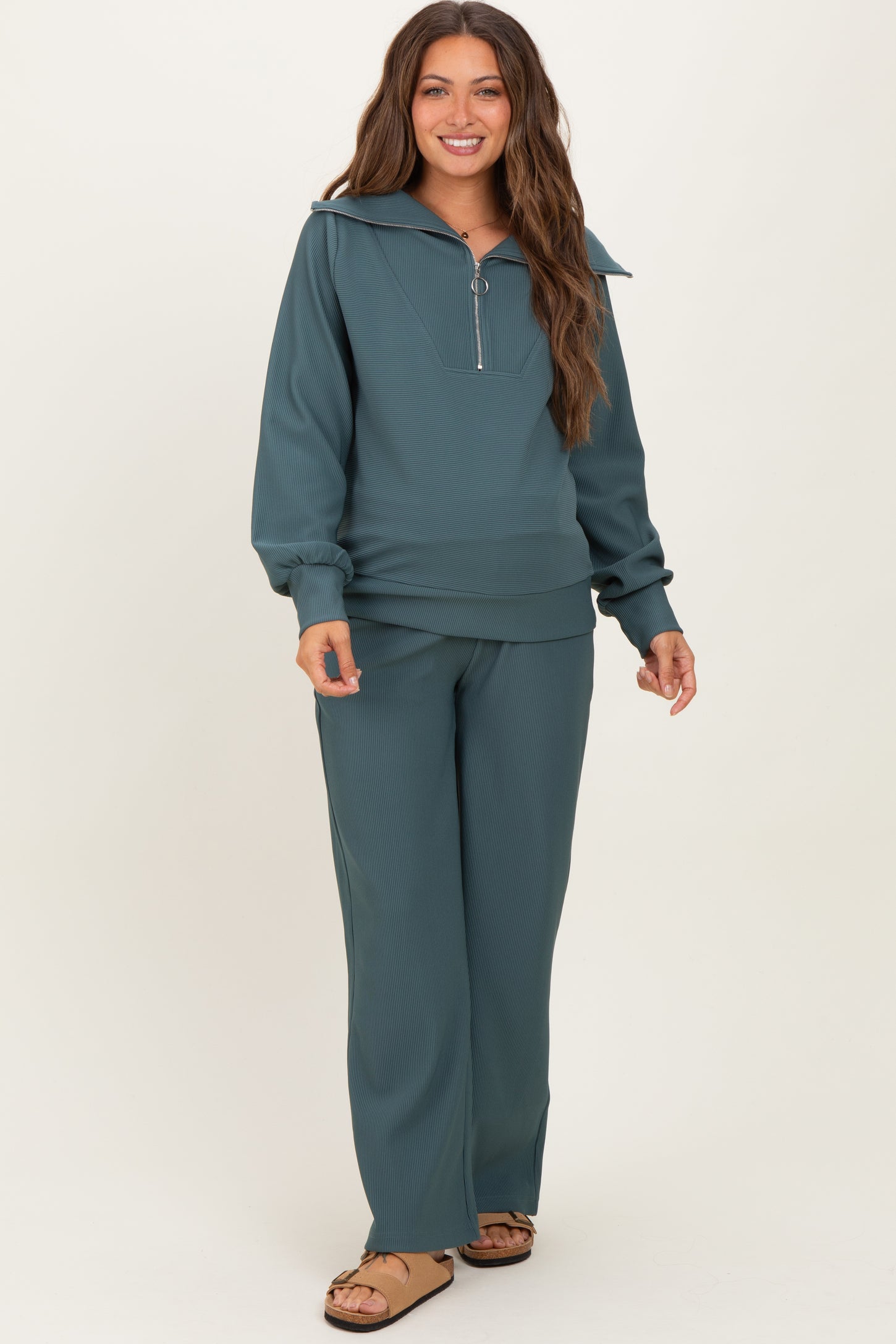 Teal Ribbed High Neck Half Zip Pullover Maternity Pant Set