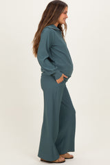 Teal Ribbed High Neck Half Zip Pullover Maternity Pant Set
