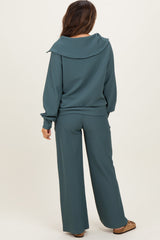 Teal Ribbed High Neck Half Zip Pullover Maternity Pant Set