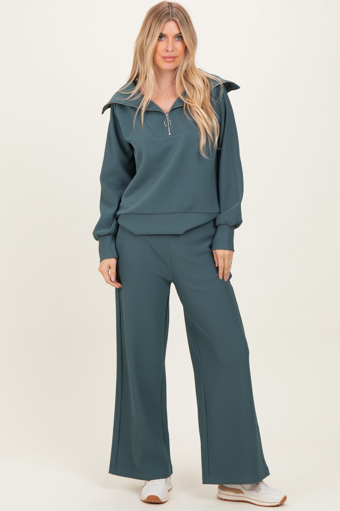 Teal Ribbed High Neck Half Zip Pullover Maternity Pant Set