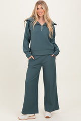 Teal Ribbed High Neck Half Zip Pullover Pant Set