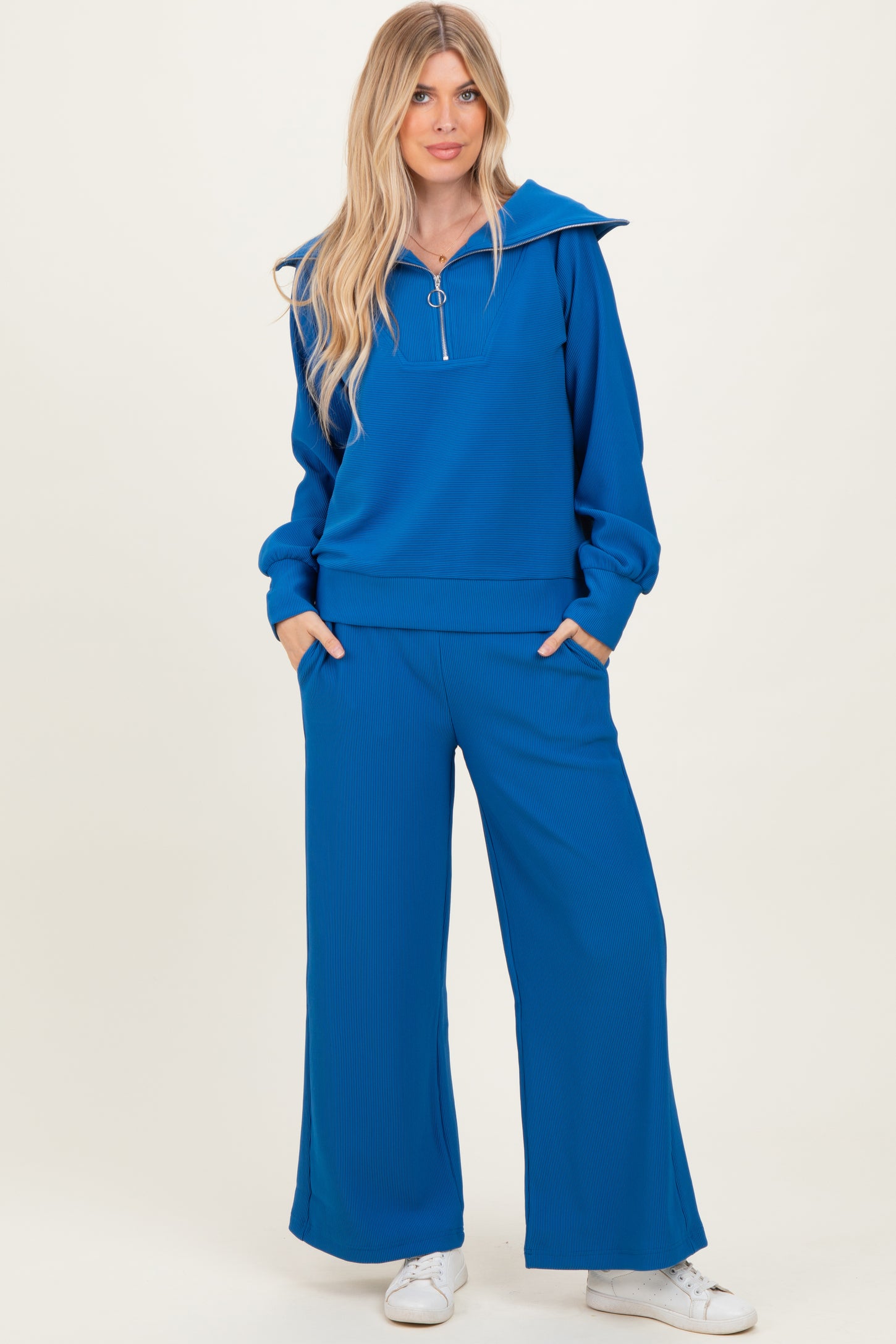 Blue Ribbed High Neck Half Zip Pullover Maternity Pant Set