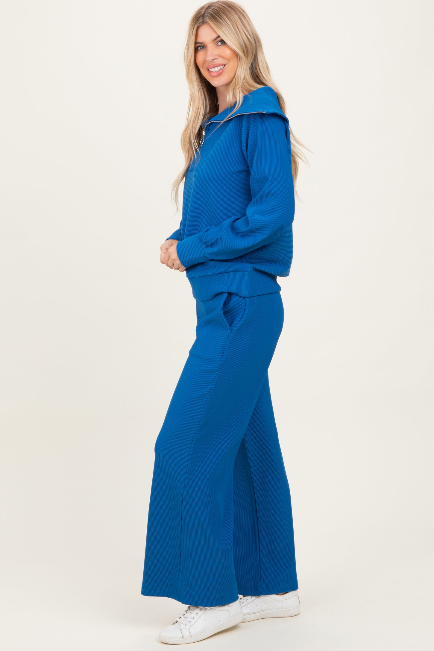 Blue Ribbed High Neck Half Zip Pullover Pant Set