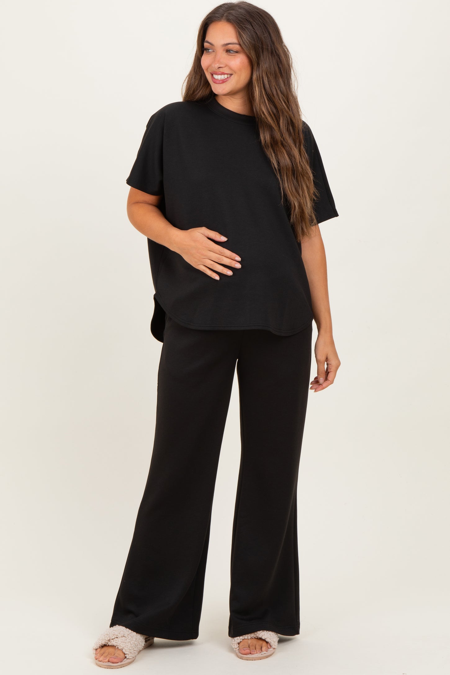 Black Curved Hem Tee Pants Maternity Lounge Set