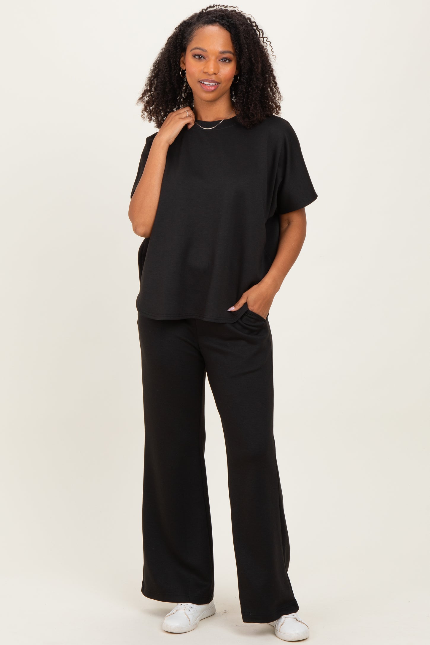 Black Curved Hem Tee Pants Maternity Lounge Set