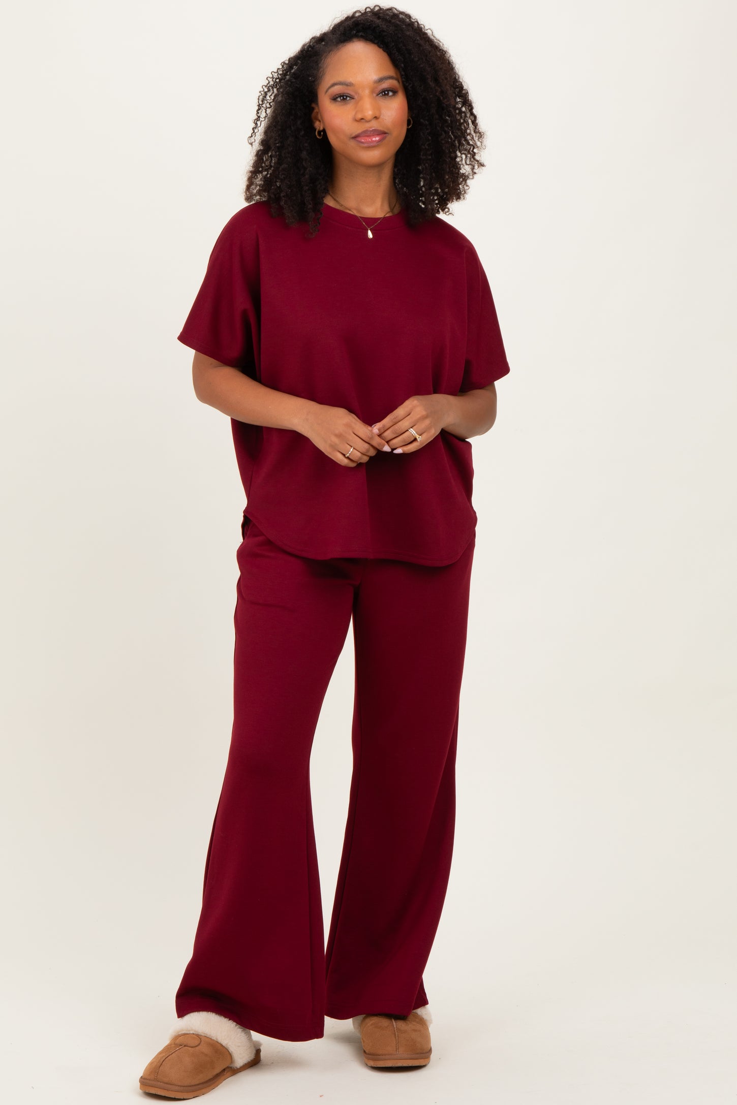 Burgundy Curved Hem Tee Pants Maternity Set
