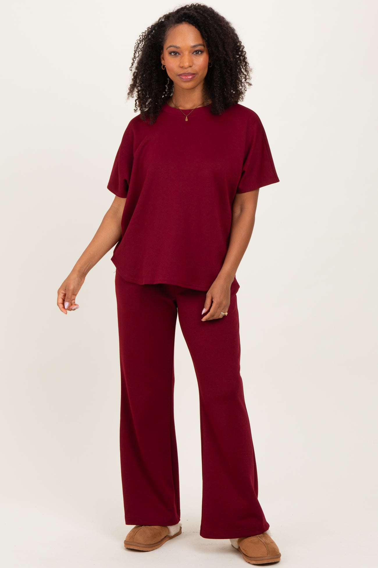 Burgundy Curved Hem Tee Pants Maternity Set