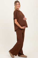 Brown Curved Hem Tee Pants Maternity Lounge Set