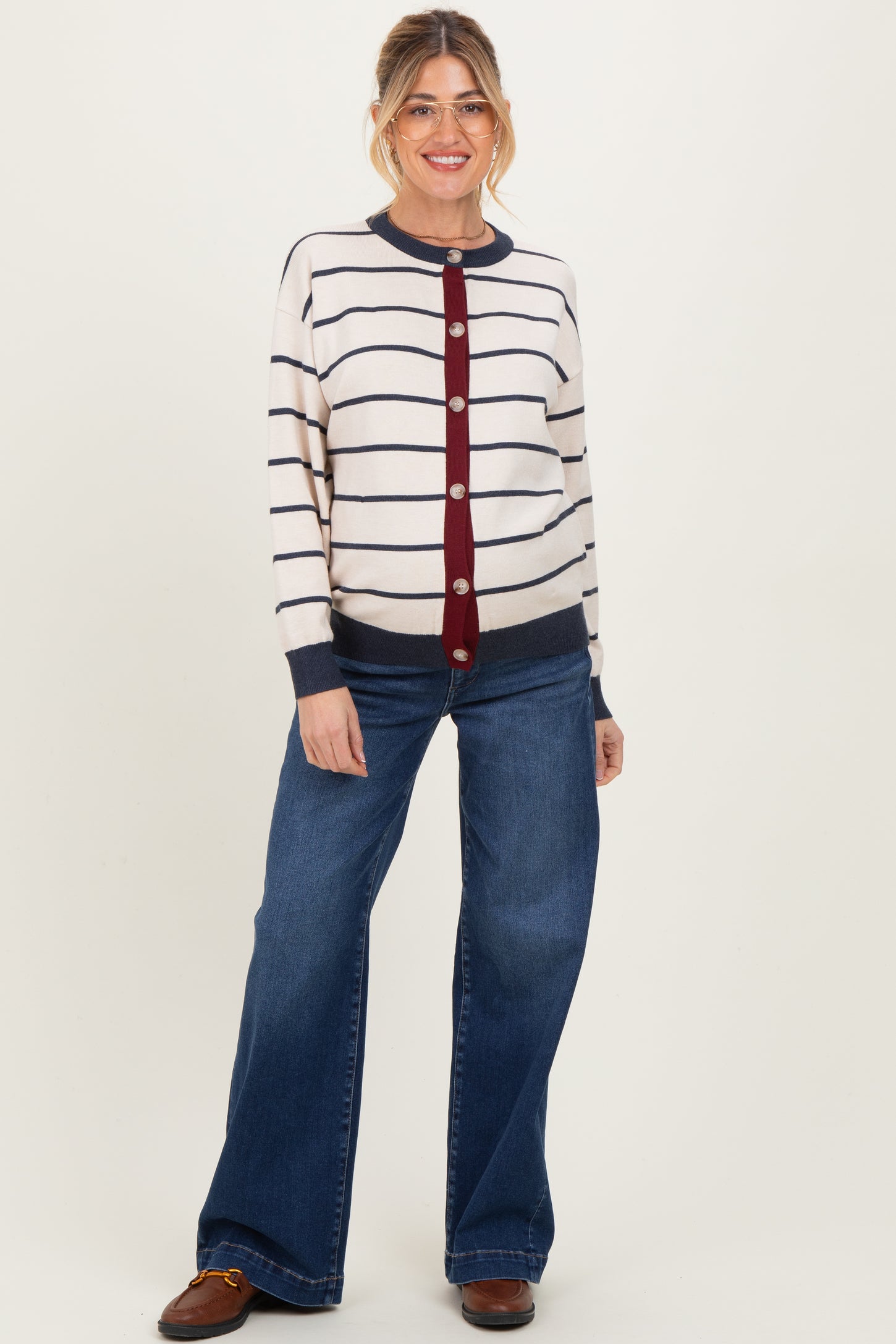 Oatmeal Striped Relaxed Fit Button Maternity Cardigan