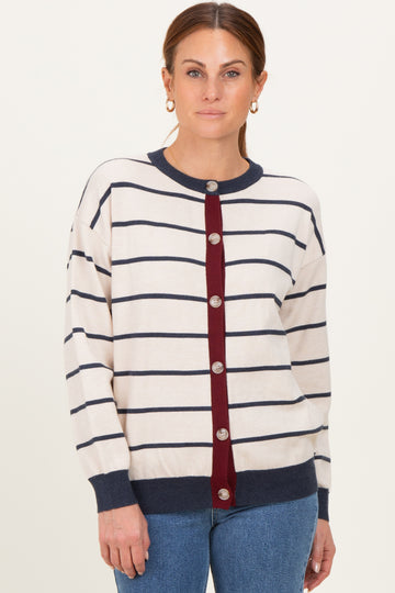 Oatmeal Striped Relaxed Fit Button Cardigan