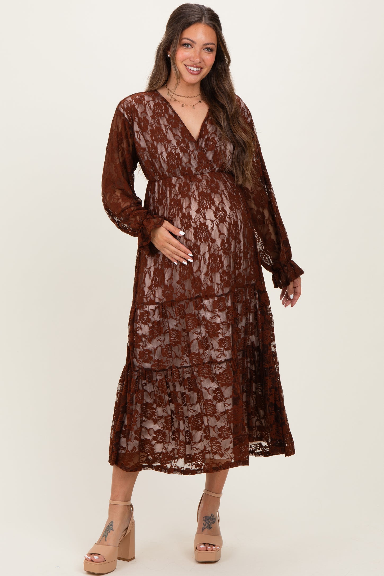 Brown Floral Lace Long Sleeve V-Neck Maternity Maxi Dress