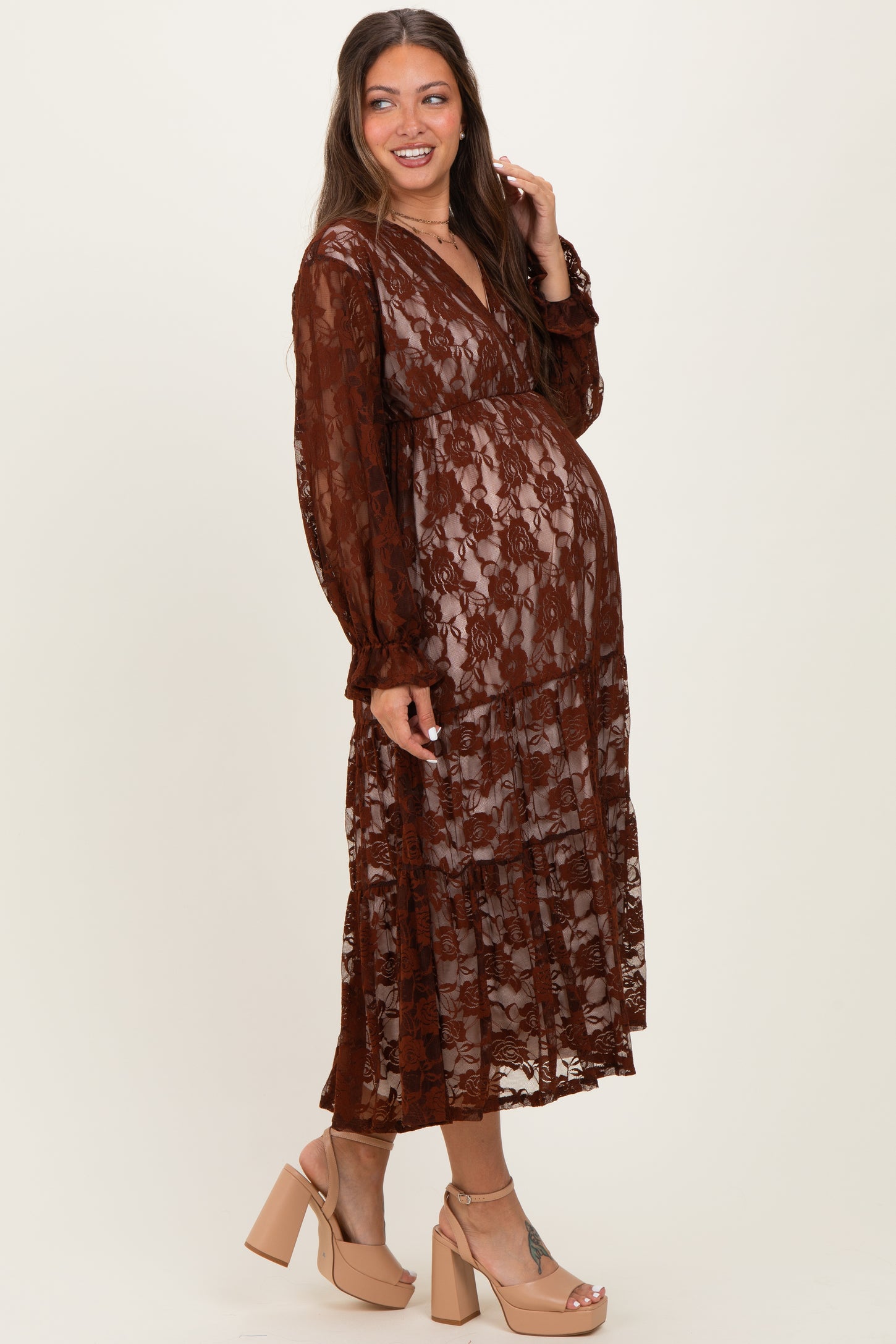 Brown Floral Lace Long Sleeve V-Neck Maternity Maxi Dress