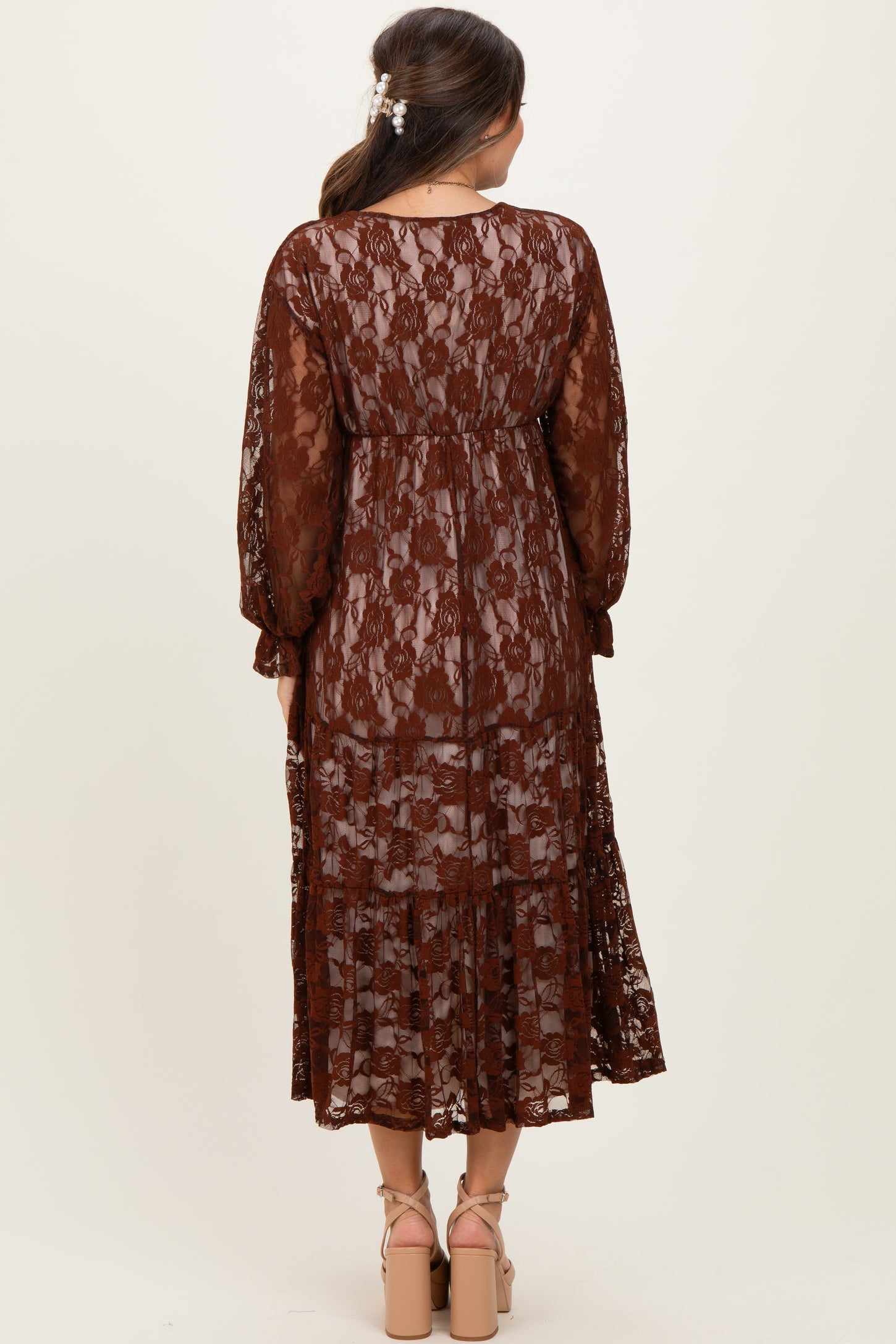 Brown Floral Lace Long Sleeve V-Neck Maternity Maxi Dress