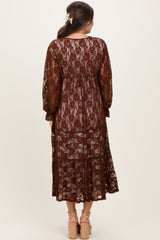 Brown Floral Lace Long Sleeve V-Neck Maternity Maxi Dress