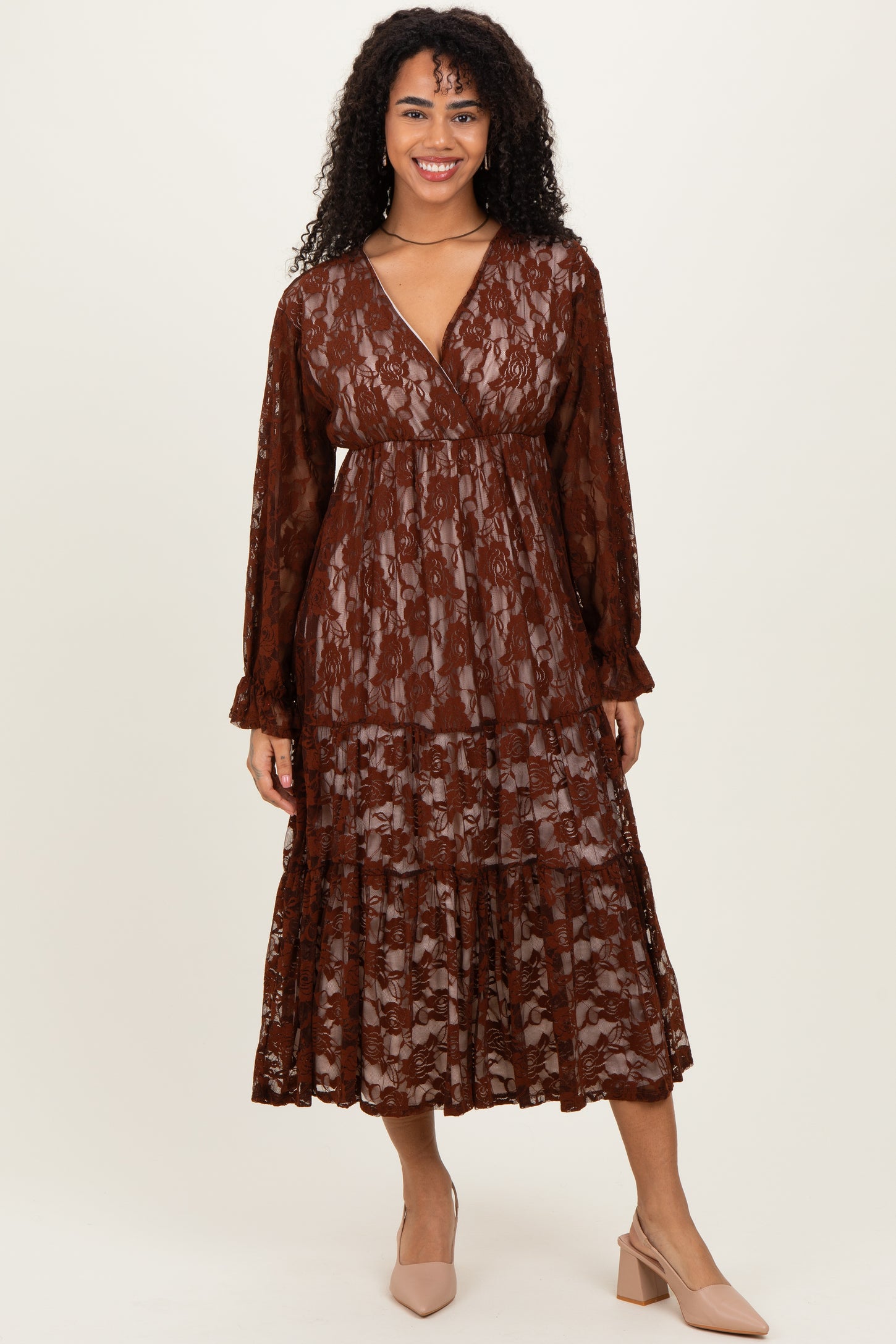 Brown Floral Lace Long Sleeve V-Neck Maxi Dress