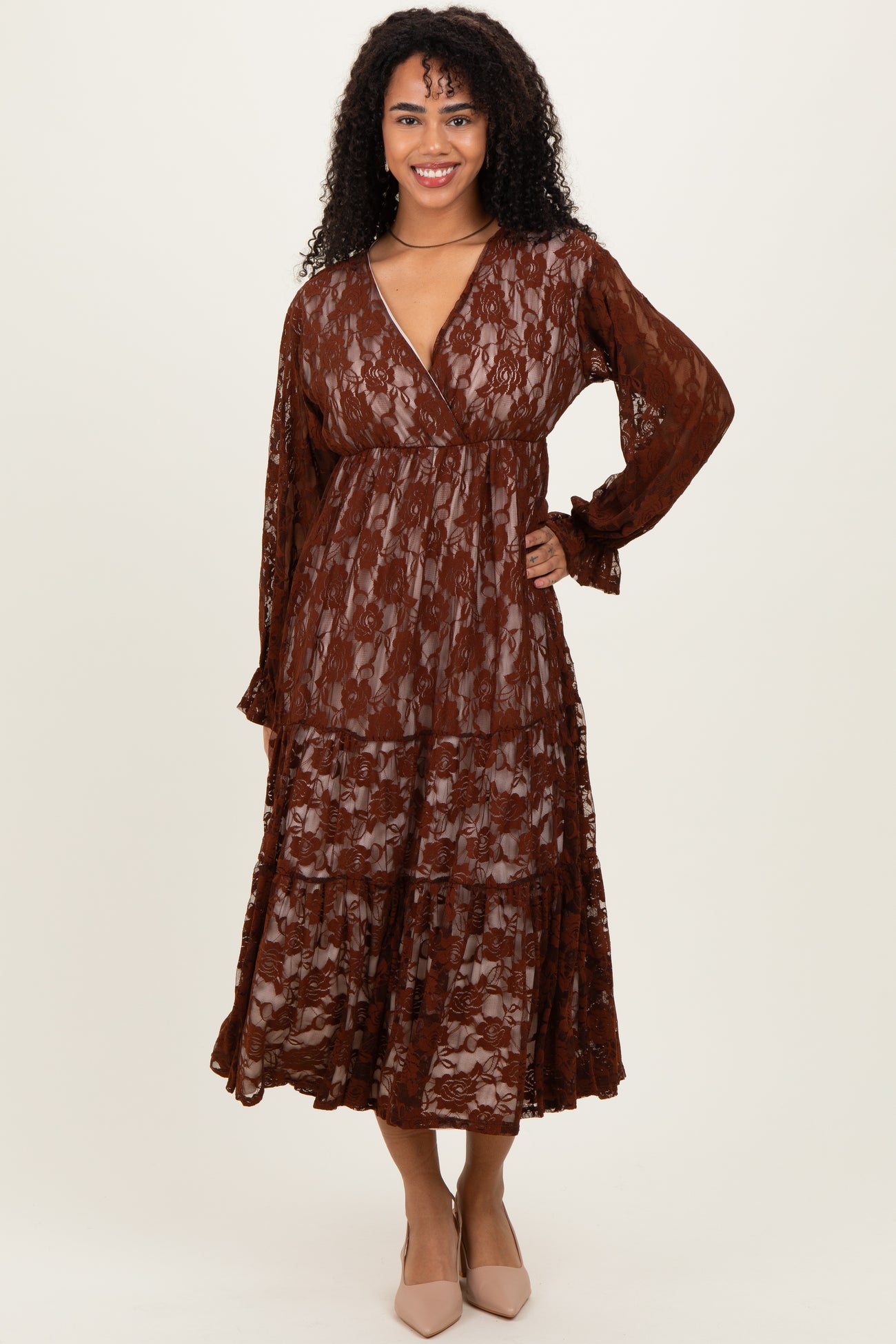Brown Floral Lace Long Sleeve V-Neck Maxi Dress