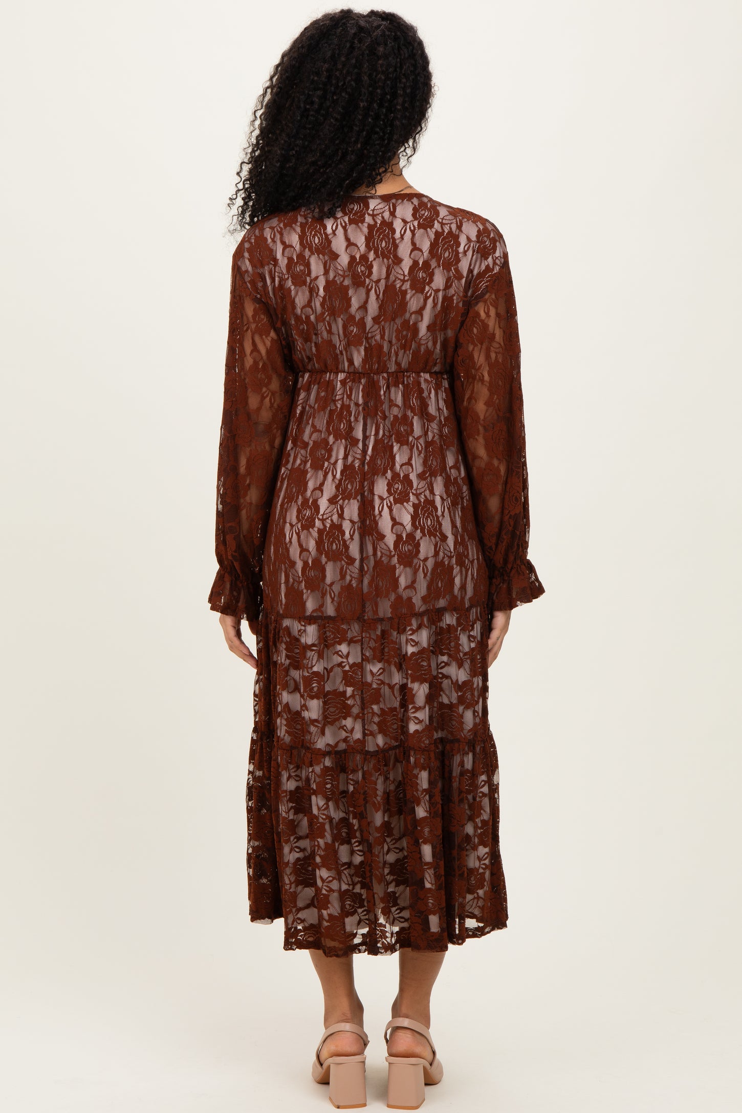 Brown Floral Lace Long Sleeve V-Neck Maxi Dress