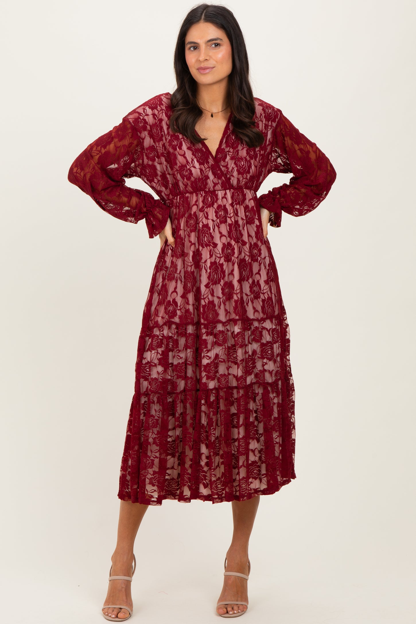 Burgundy Floral Lace Long Sleeve V-Neck Maxi Dress