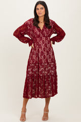 Burgundy Floral Lace Long Sleeve V-Neck Maxi Dress