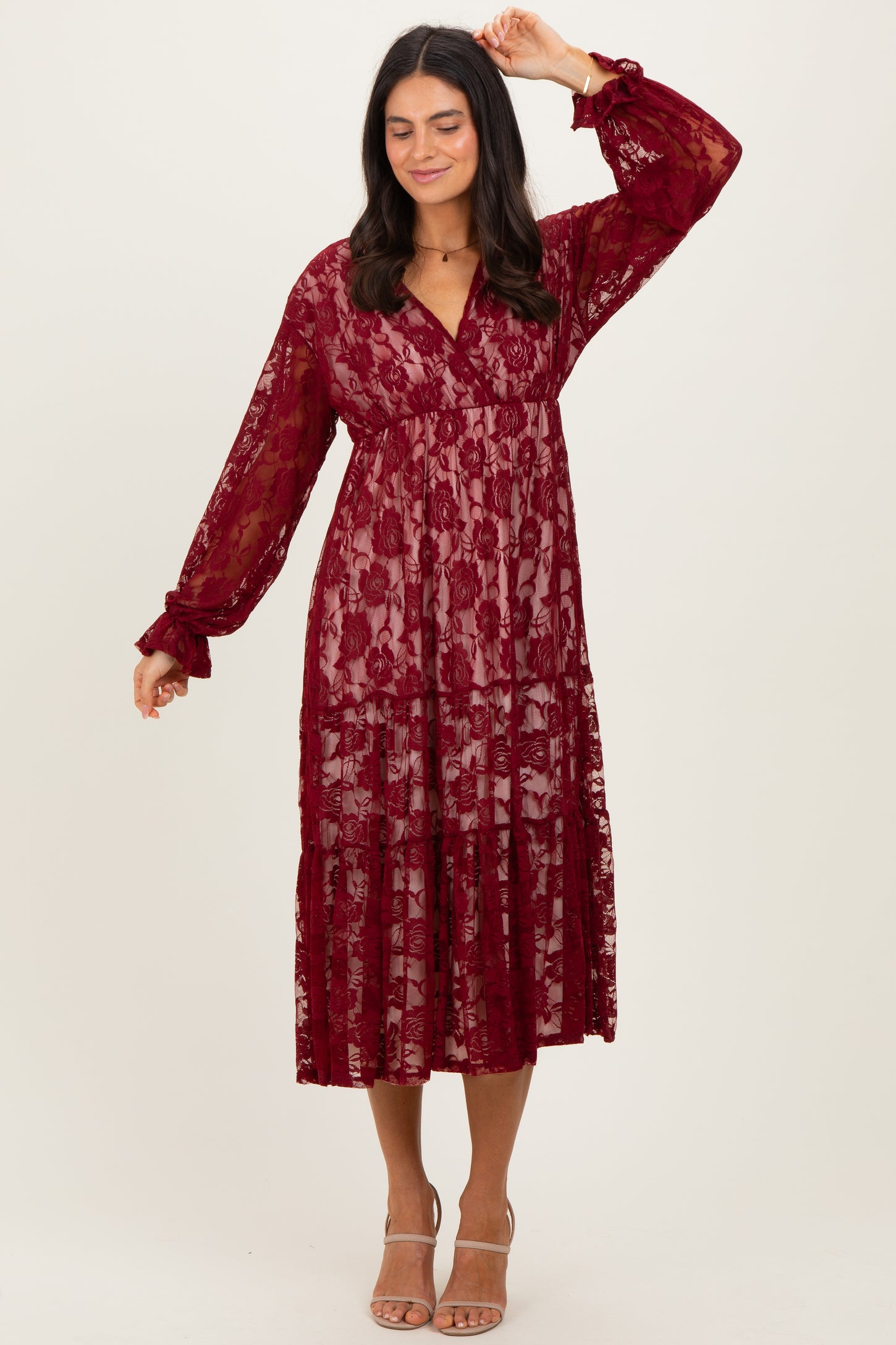 Burgundy Floral Lace Long Sleeve V-Neck Maxi Dress