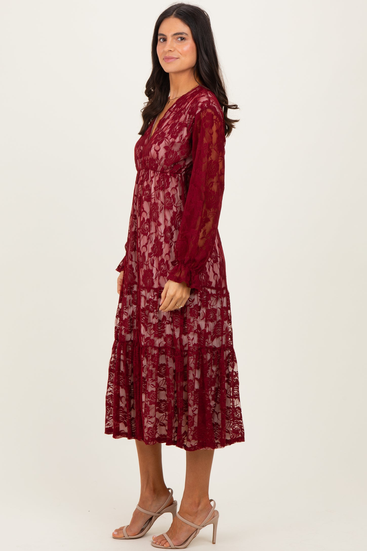 Burgundy Floral Lace Long Sleeve V-Neck Maxi Dress