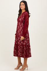 Burgundy Floral Lace Long Sleeve V-Neck Maxi Dress