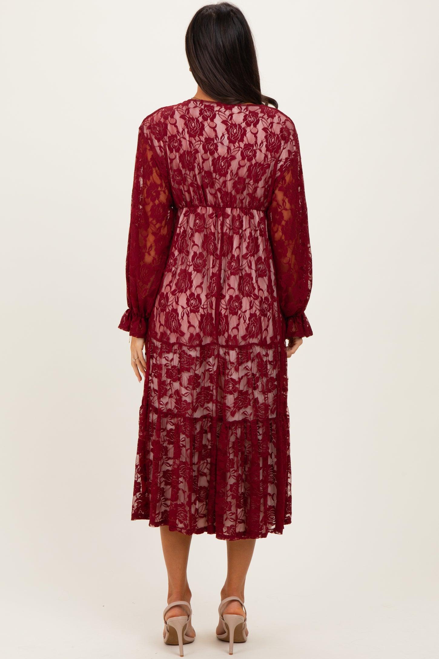 Burgundy Floral Lace Long Sleeve V-Neck Maxi Dress